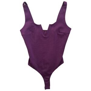 Lulus Purple V Neck Bodysuit Womens S Plum Structured Tank Snap Closure Stretch